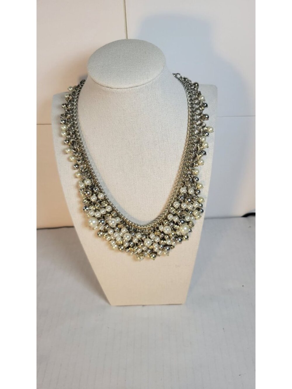 White House Black Market Statement Pearl Necklace Silver-Tone Tiered Design